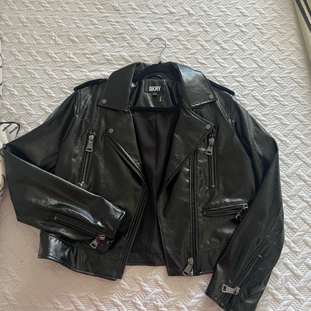 DKNY Shiny Black Leather Biker Jacket